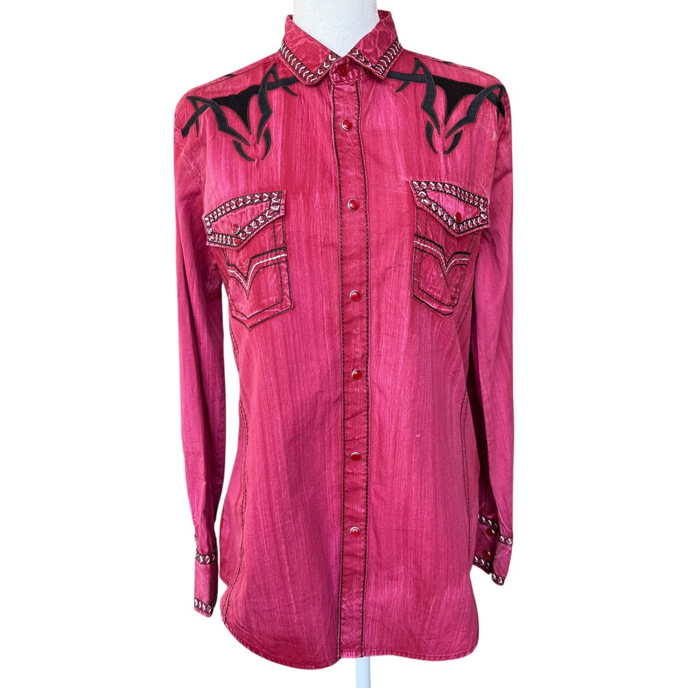 Platini Womens Western Shirt Pink Magenta Bull Embroidery Snap Front‎ Small